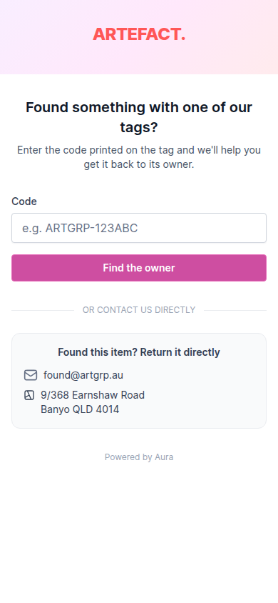 The found-portal landing page, with a field to enter a found item's code manually