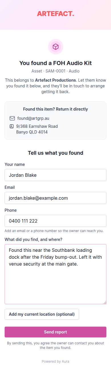 The found-portal report form, asking for the finder's contact details and a short message